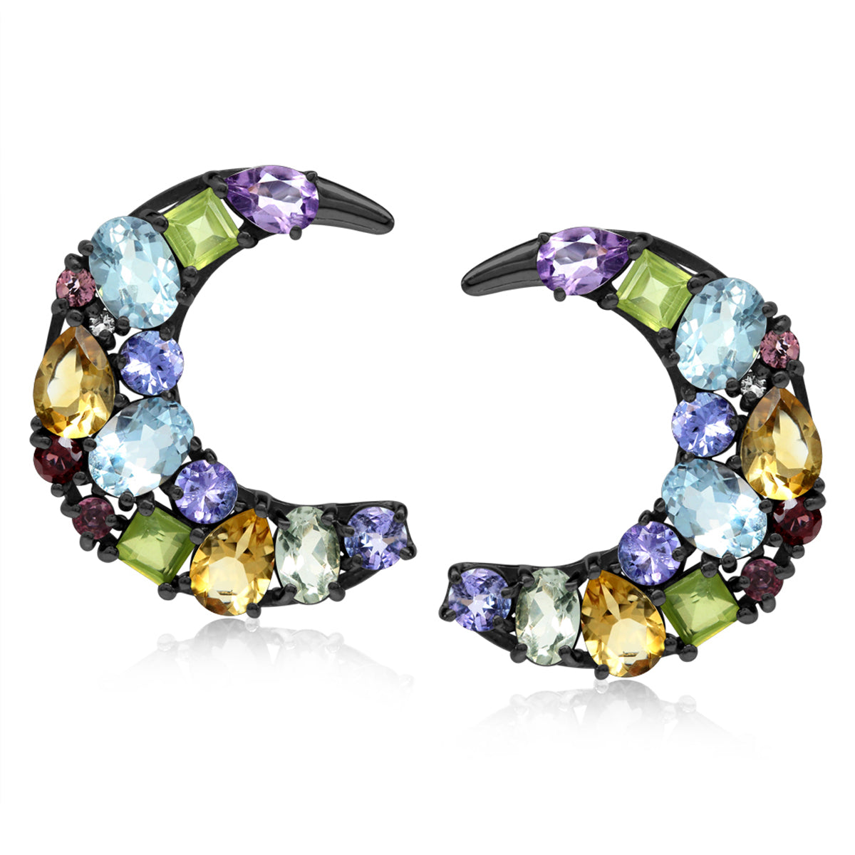 Multi Colored Black Rhodium Plated 925 Sterling Silver Cluster Cocktail Crescent Moon Earrings