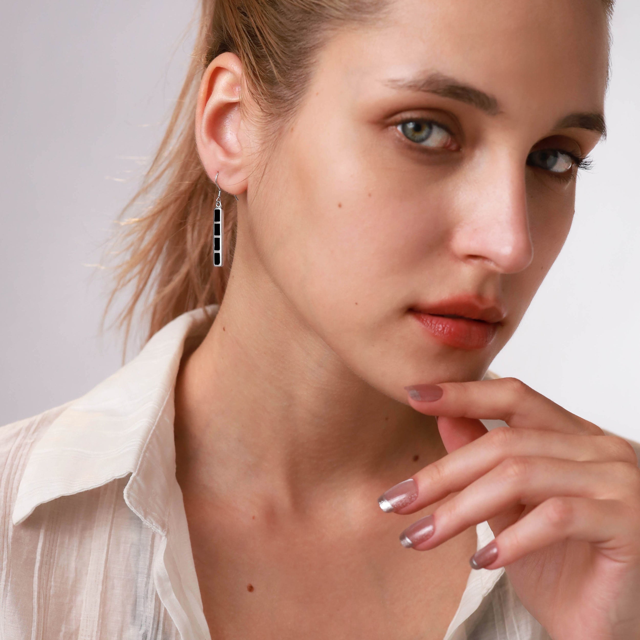 Created Black Onyx Inlay White Gold Plated 925 Sterling Silver Long Stick Dangle Hook Earrings - Silvershake-store