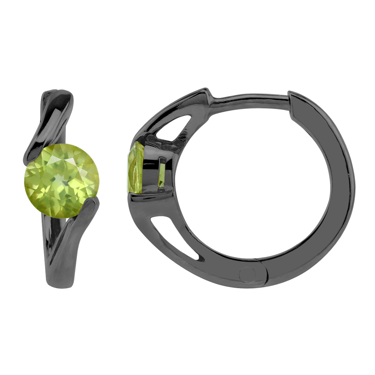 1.1ct. 5mm Natural Round Shape Peridot Black Rhodium Plated 925 Sterling Silver Huggie Hoop Earrings - Silvershake-store