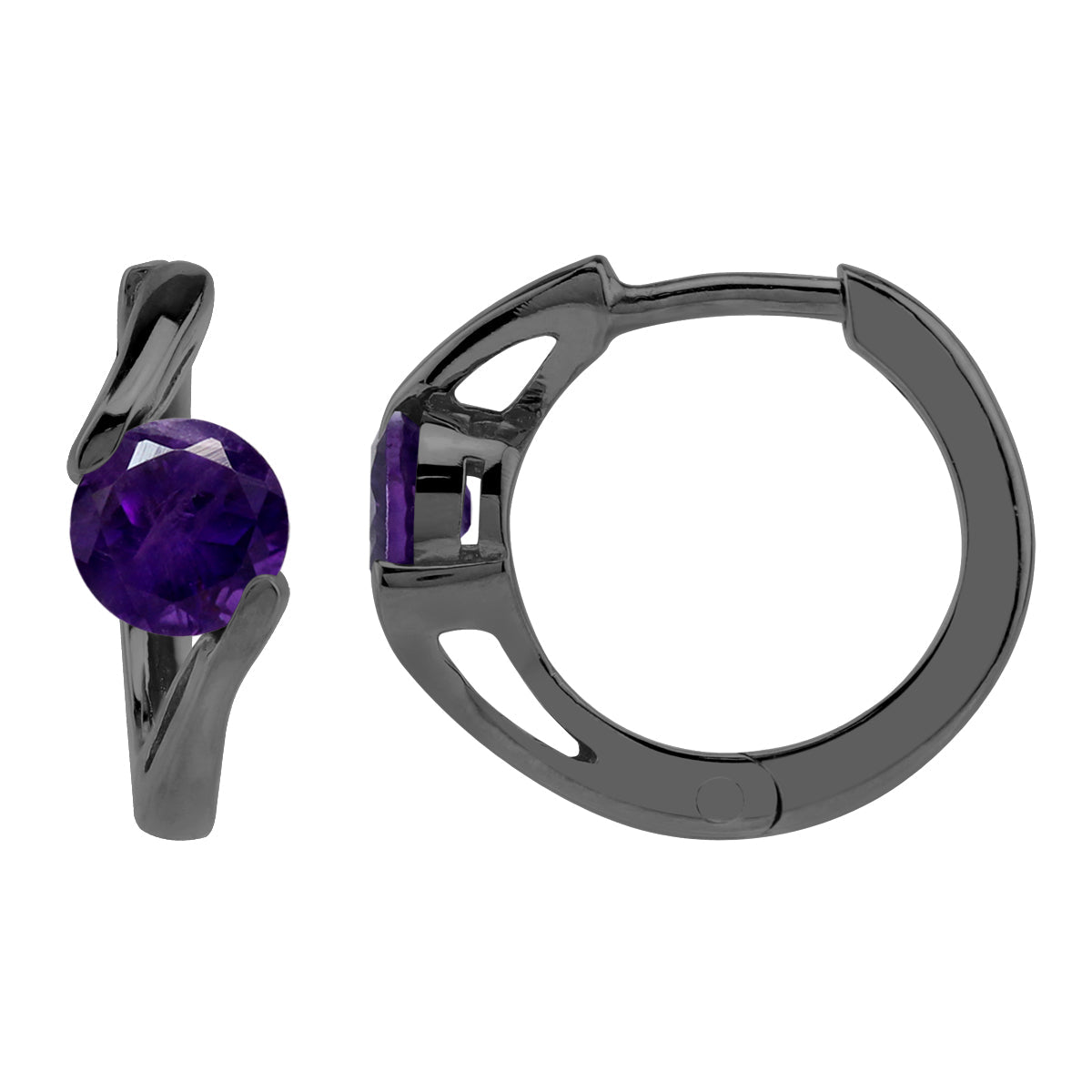 5mm Natural African Amethyst Black Rhodium Plated 925 Sterling Silver Huggie Hoop Earrings - Silvershake-store