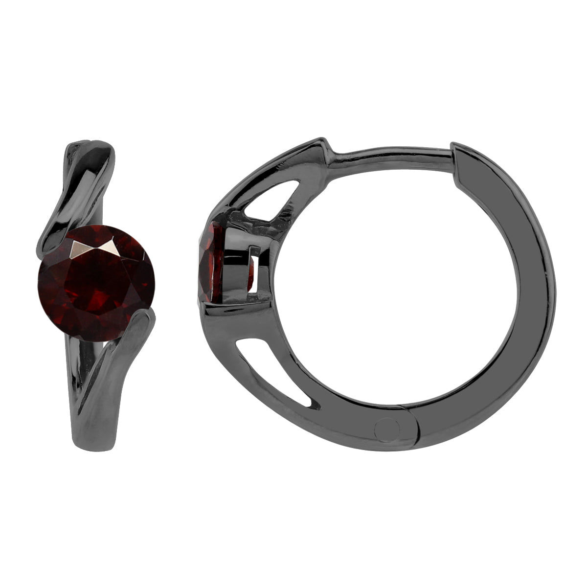 1.2ct. 5mm Natural Round Shape Garnet Black Rhodium Plated 925 Sterling Silver Huggie Hoop Earrings