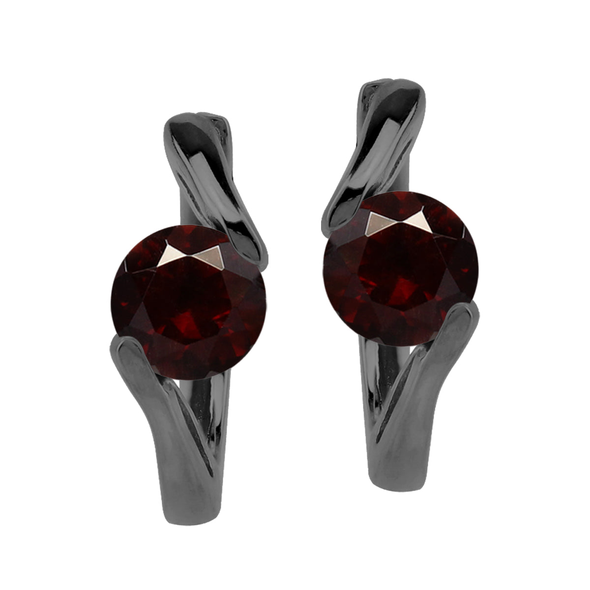 1.2ct. 5mm Natural Round Shape Garnet Black Rhodium Plated 925 Sterling Silver Huggie Hoop Earrings