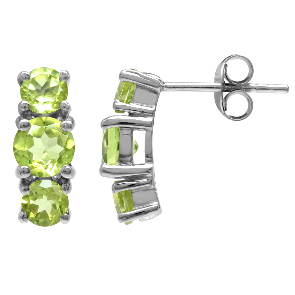 2.22ct. 3 Stone Natural Round Shape Peridot White Gold Plated 925 Sterling Silver Stud Post Earrings - Silvershake-store