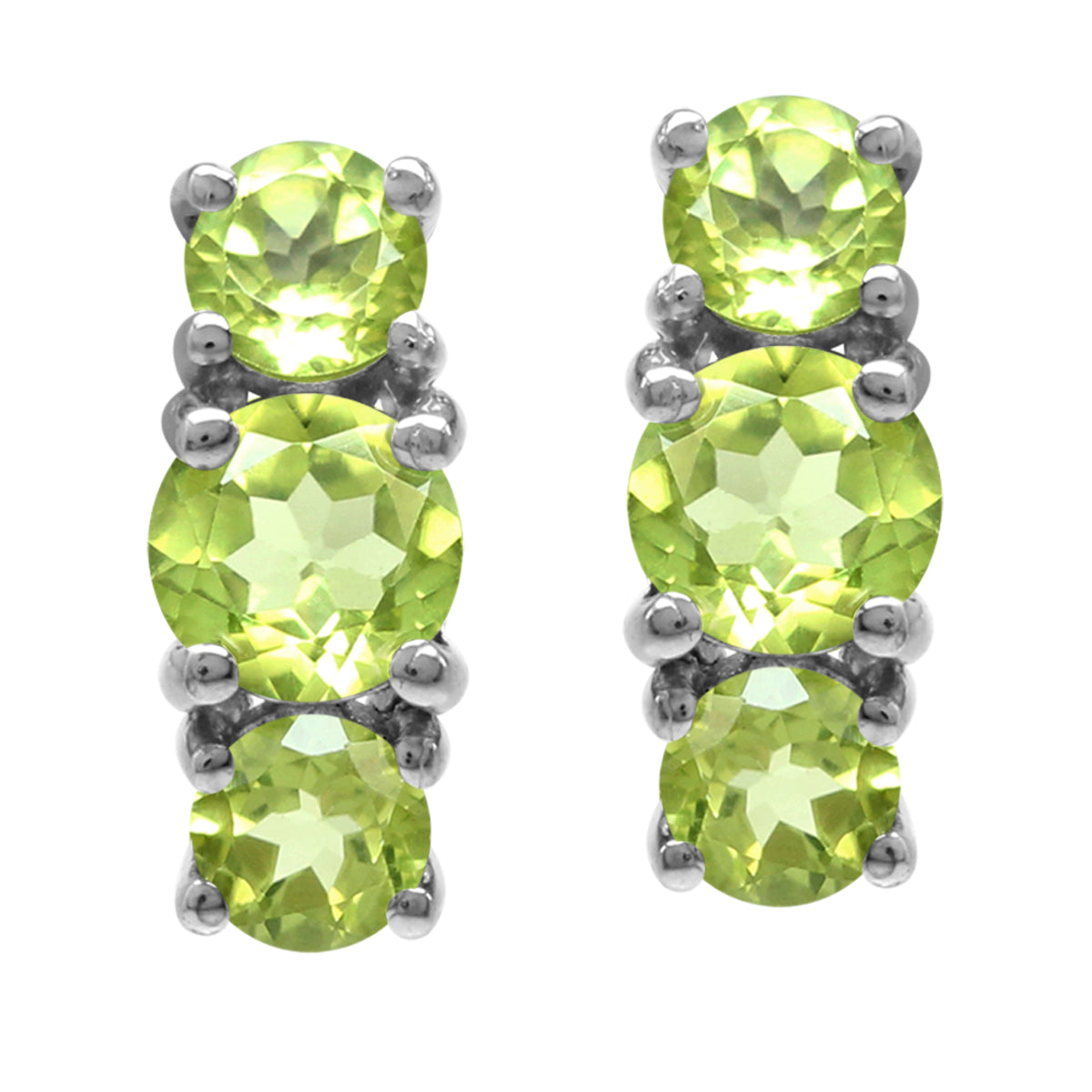 2.22ct. 3 Stone Natural Round Shape Peridot White Gold Plated 925 Sterling Silver Stud Post Earrings - Silvershake-store