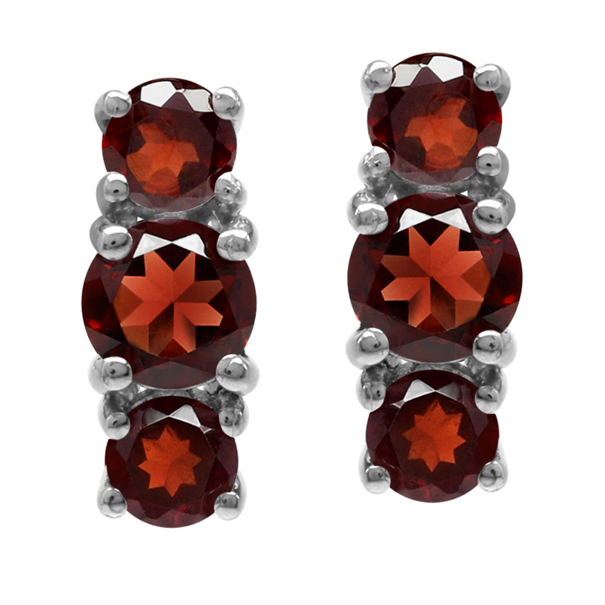 2.58ct. 3 Stone Natural Round Shape Garnet White Gold Plated 925 Sterling Silver Stud Post Earrings - Silvershake-store