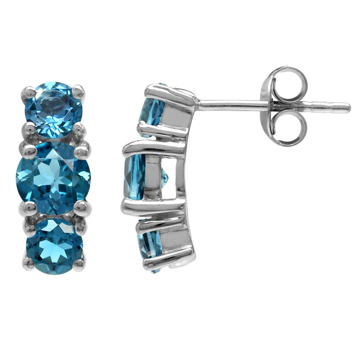 2.56ct. 3 Stone Genuine Round London Blue Topaz White Gold Plated 925 Sterling Silver Stud Post Earrings - Silvershake-store