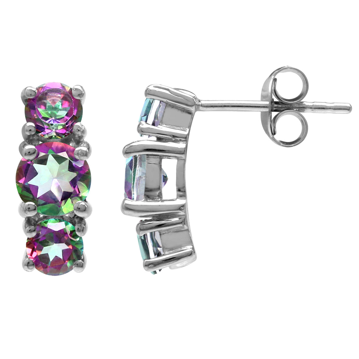2.34ct. 3 Stone Round Shape Mystic Fire Topaz White Gold Plated 925 Sterling Silver Stud Post Earrings - Silvershake-store