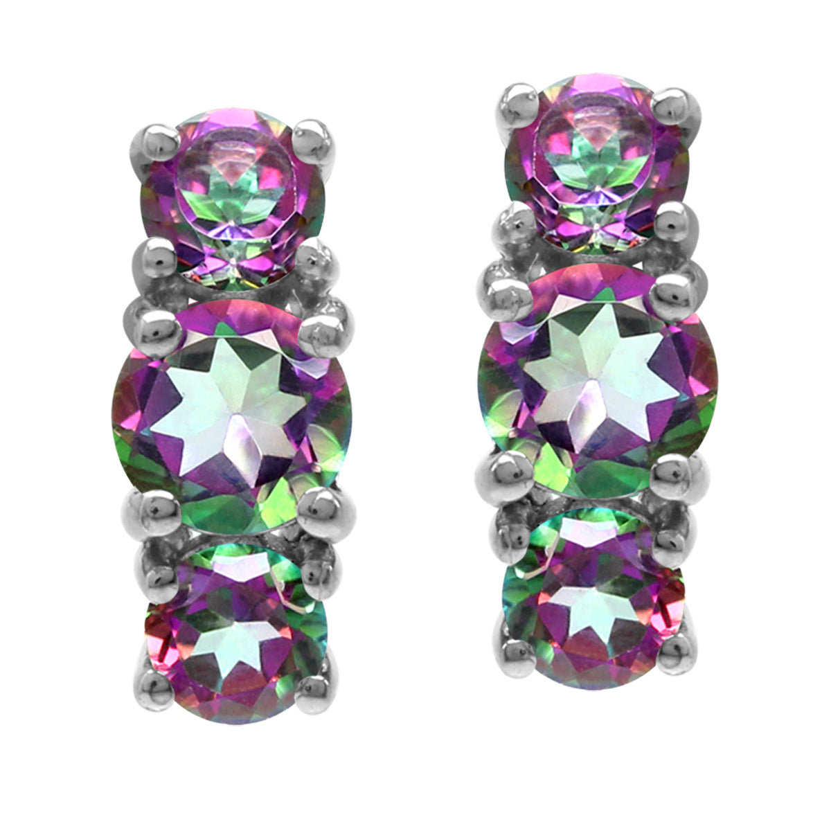 2.34ct. 3 Stone Round Shape Mystic Fire Topaz White Gold Plated 925 Sterling Silver Stud Post Earrings - Silvershake-store