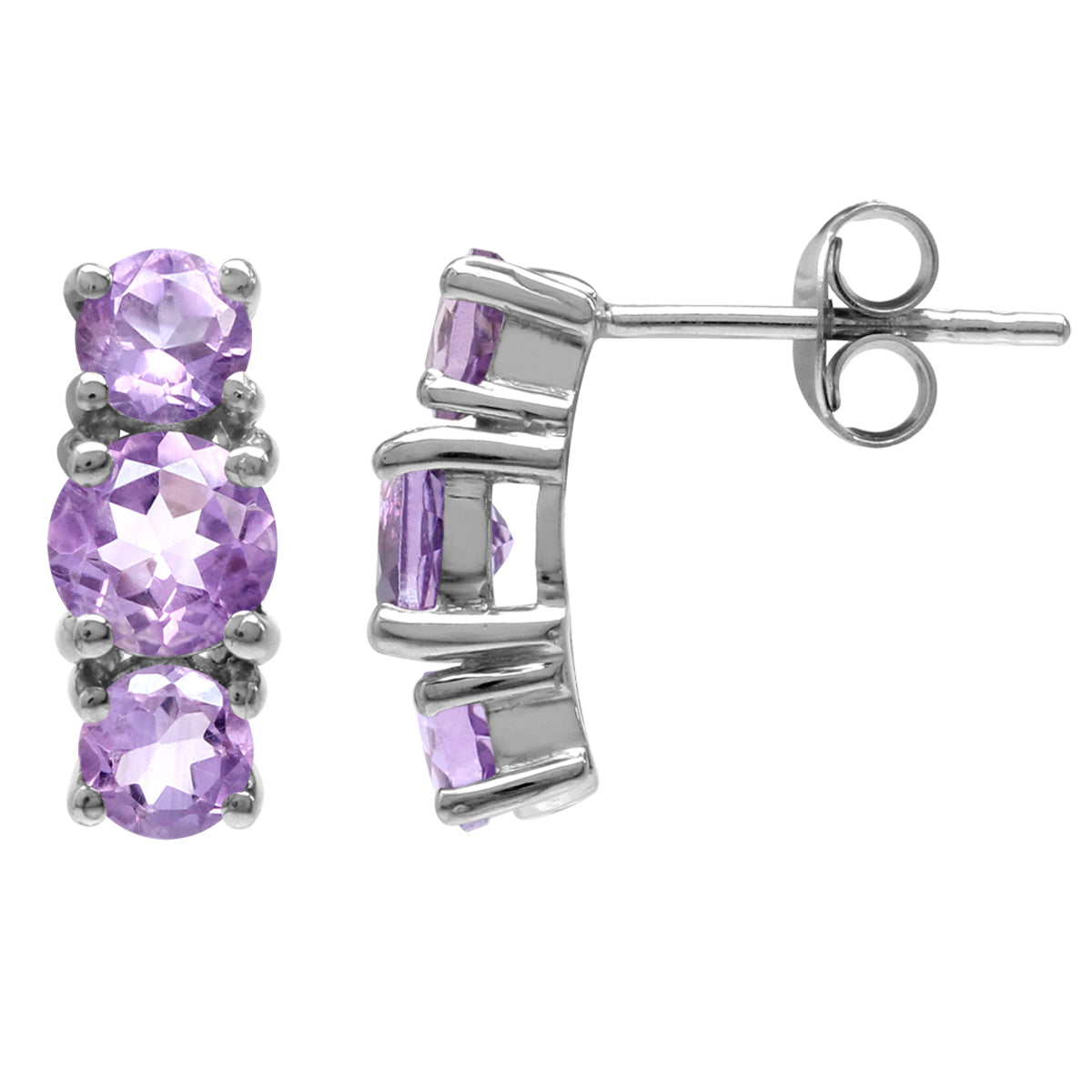 2.38ct. 3 Stone Natural Round Shape Amethyst White Gold Plated 925 Sterling Silver Stud Post Earrings - Silvershake-store