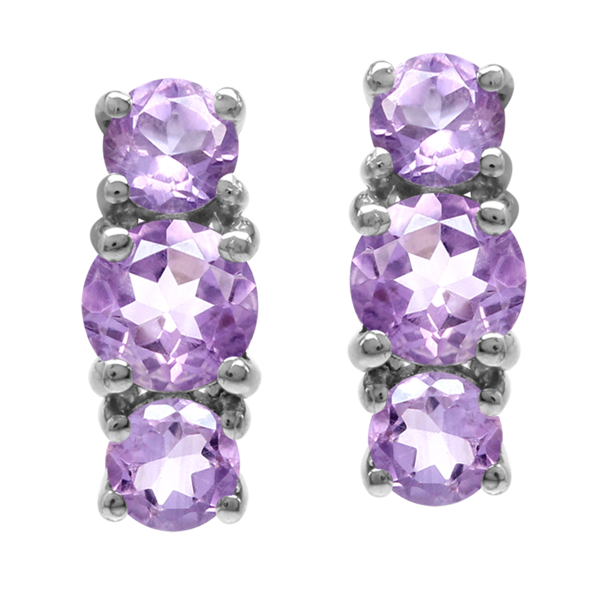 2.38ct. 3 Stone Natural Round Shape Amethyst White Gold Plated 925 Sterling Silver Stud Post Earrings - Silvershake-store