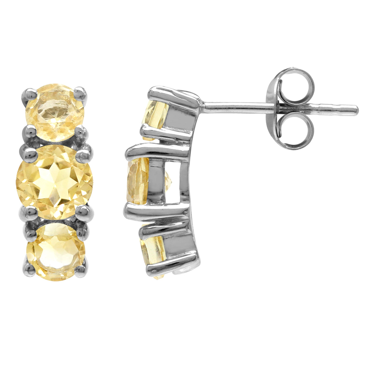 1.92ct. 3 Stone Natural Round Shape Citrine White Gold Plated 925 Sterling Silver Stud Post Earrings - Silvershake-store
