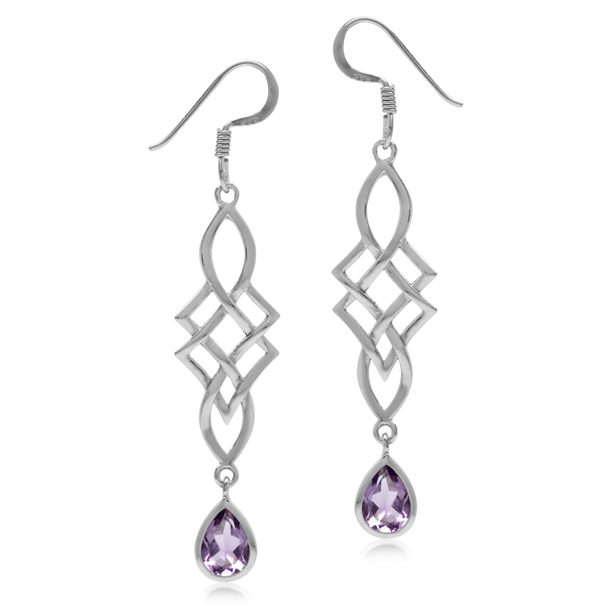 1.28ct. Natural Amethyst White Gold Plated 925 Sterling Silver Celtic Knot Weave Dangle Hook Earrings