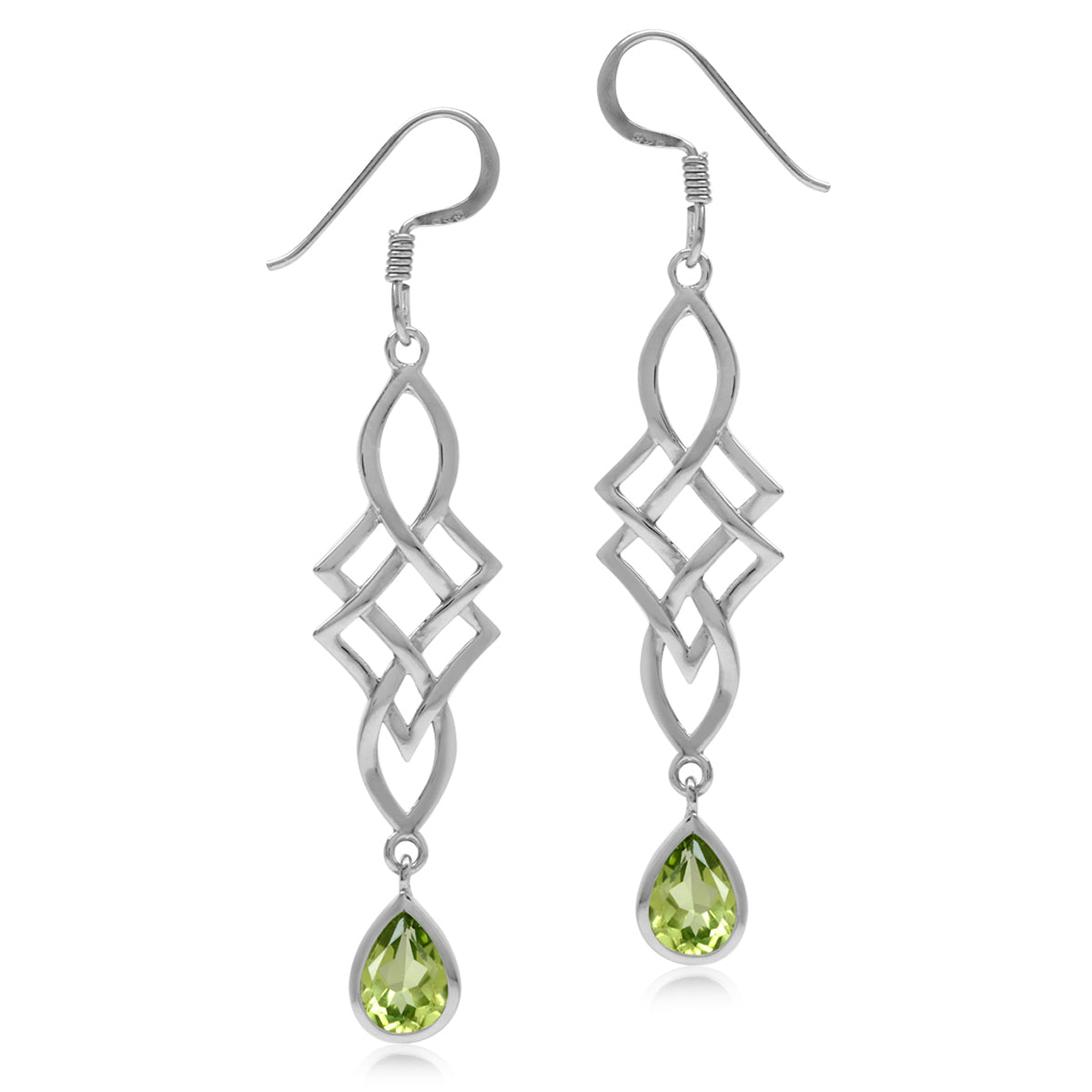 1.46ct. Natural Peridot White Gold Plated 925 Sterling Silver Celtic Knot Weave Dangle Hook Earrings