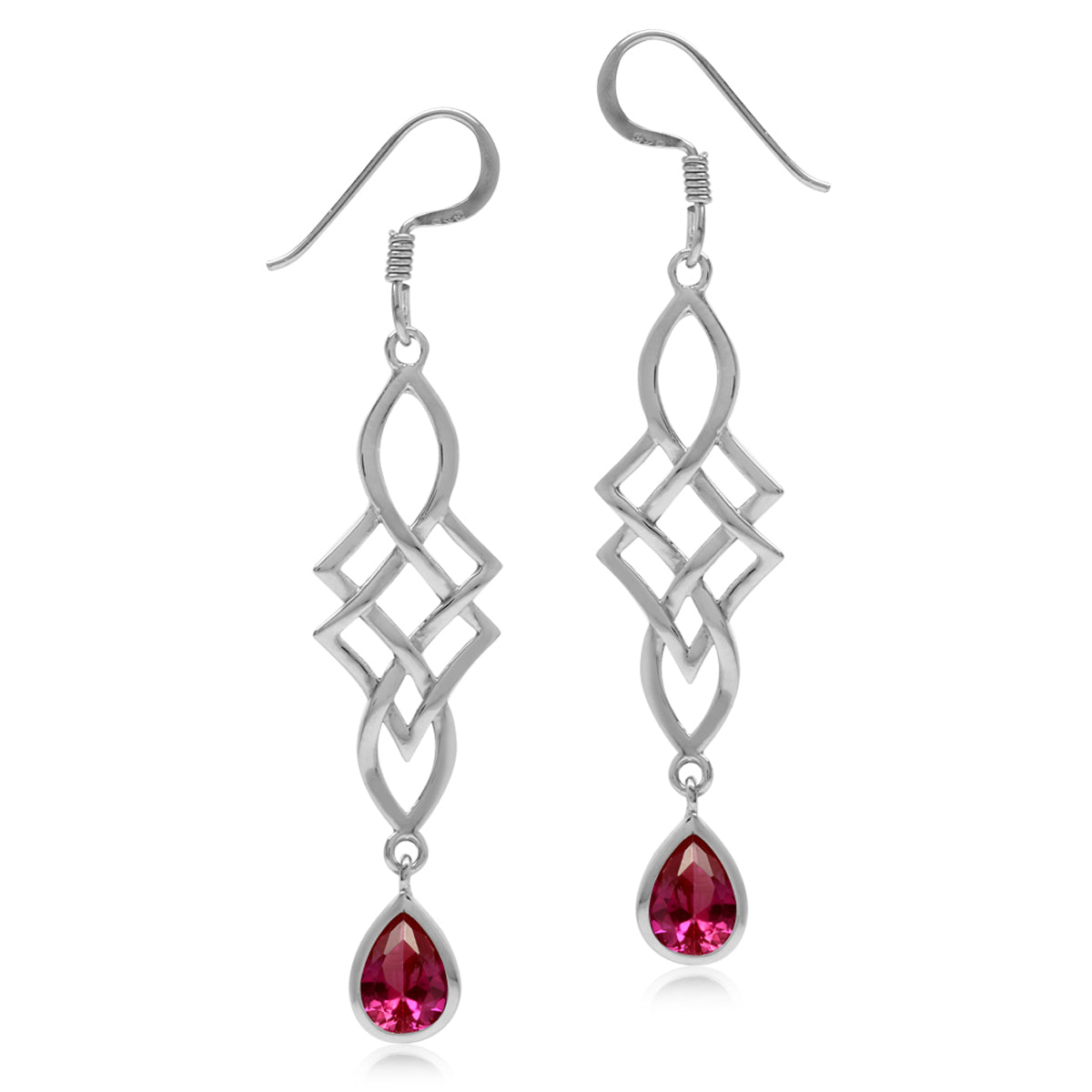 Simulated Ruby White Gold Plated 925 Sterling Silver Celtic Knot Weave Dangle Hook Earrings