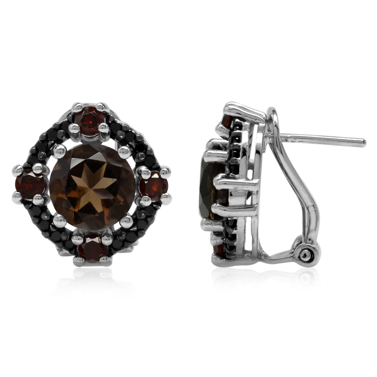 Natural Round Shape Smoky Quartz Garnet and Black Spinel 925 Sterling Silver Omega Clip Post Earrings