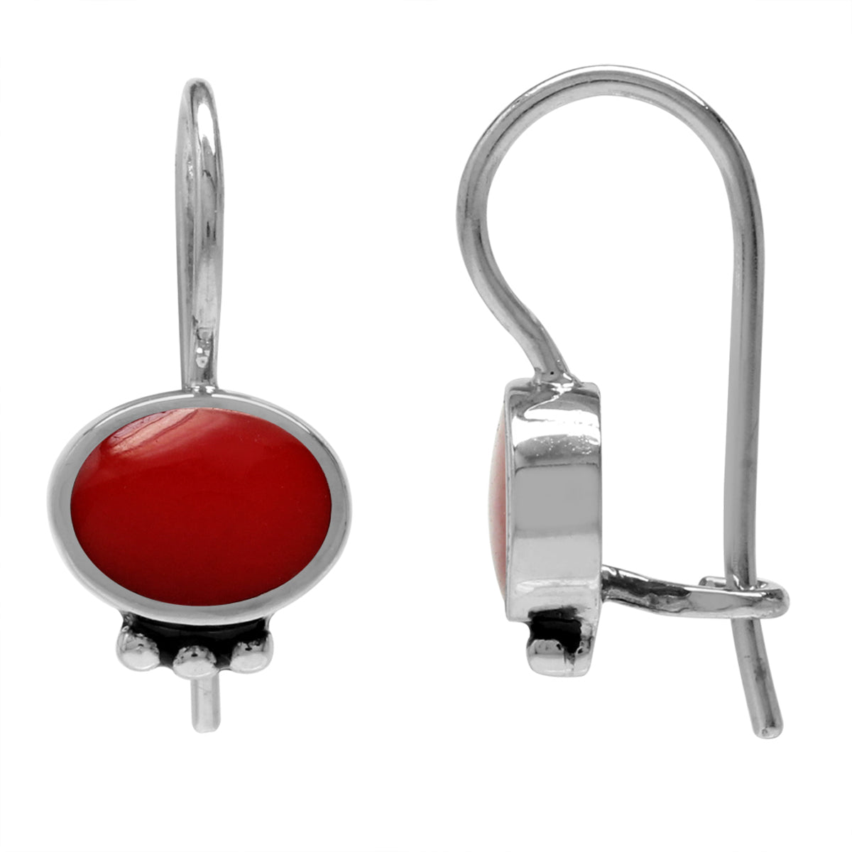 Oval Shape Created Red Coral Inlay 925 Sterling Silver Hook Closure Earrings - Silvershake-store