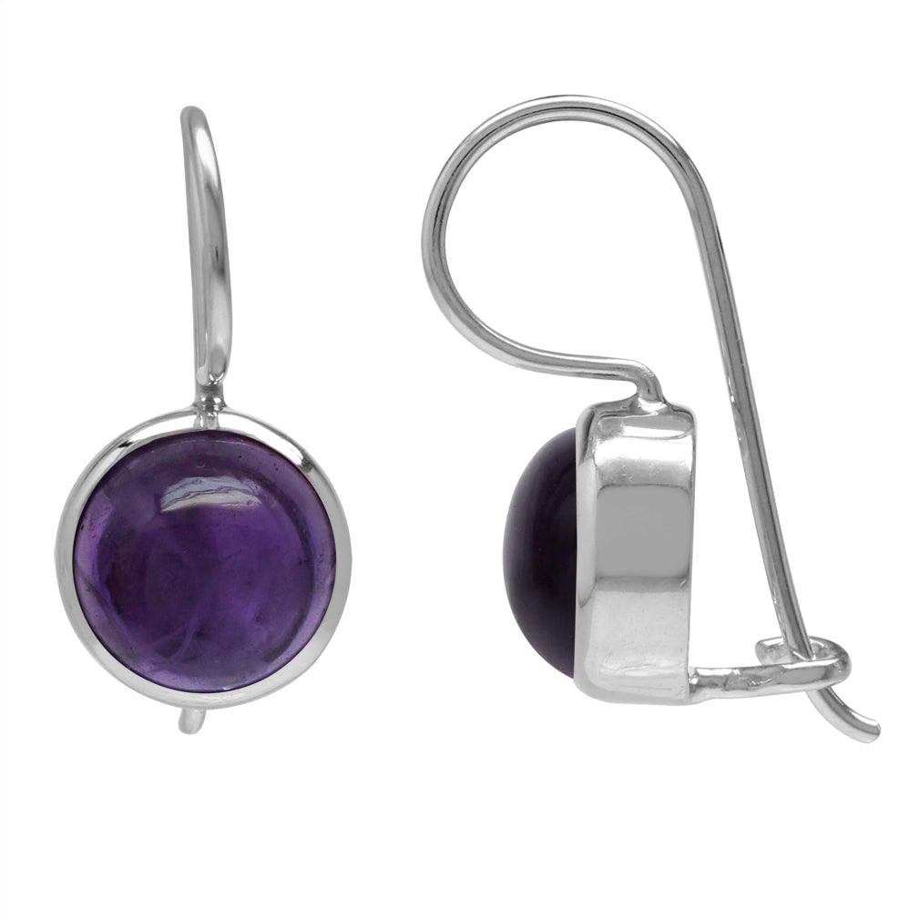 8mm Cabochon Amethyst White Gold Plated 925 Sterling Silver Hook Closure Earrings - Silvershake-store