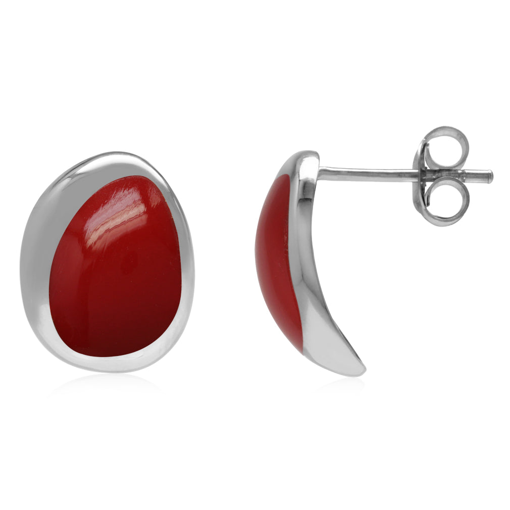 Created Red Coral Inlay White Gold Plated 925 Sterling Silver Post Earrings - Silvershake-store