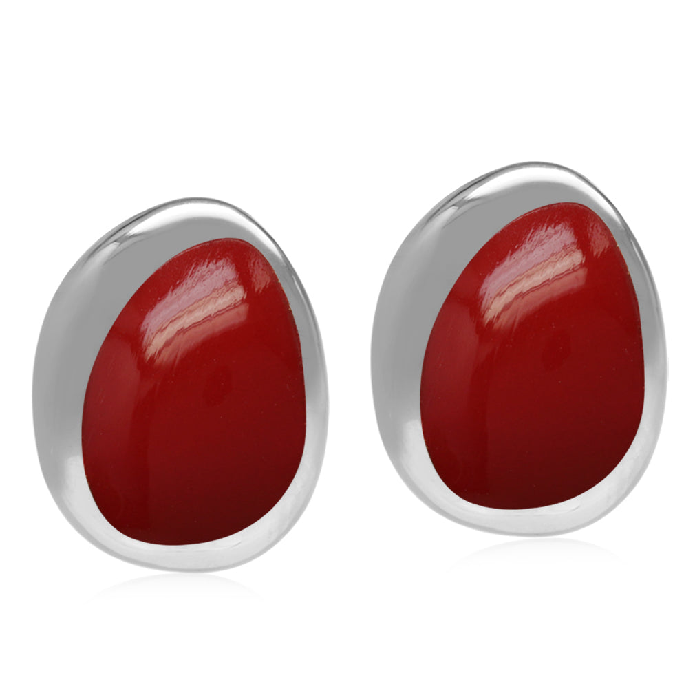 Created Red Coral Inlay White Gold Plated 925 Sterling Silver Post Earrings - Silvershake-store