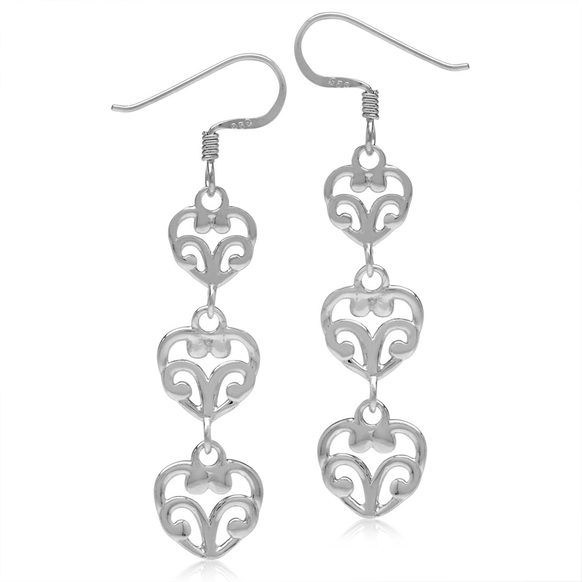 White Gold Plated 925 Sterling Silver Graduated 3 Hearts Victorian Style Dangle Hook Earrings