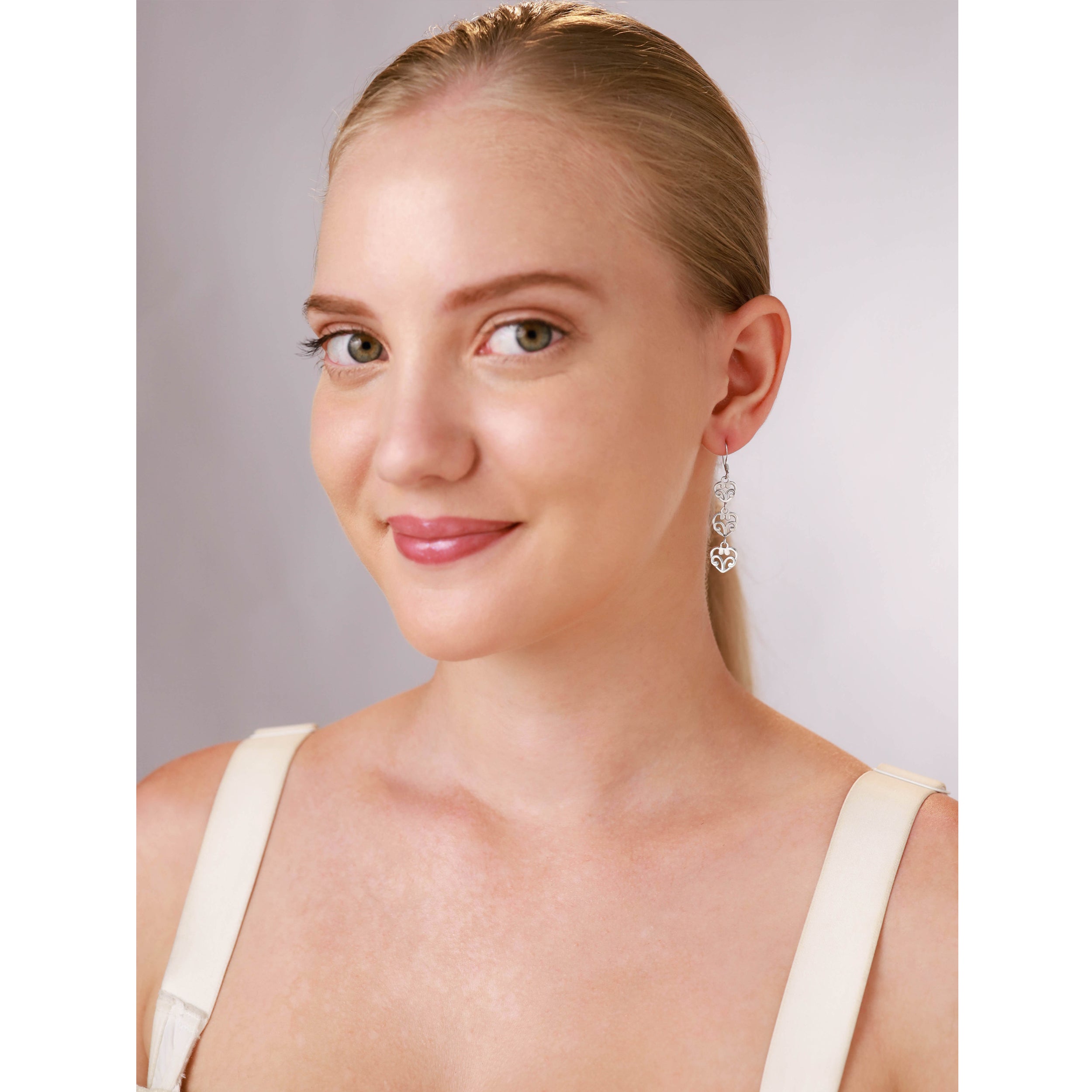 White Gold Plated 925 Sterling Silver Graduated 3 Hearts Victorian Style Dangle Hook Earrings