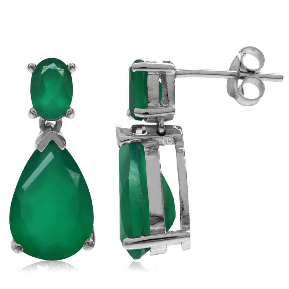 6.2ct. 12X8mm Natural Pear Shape Emerald Green Agate 925 Sterling Silver Drop Dangle Post Earrings