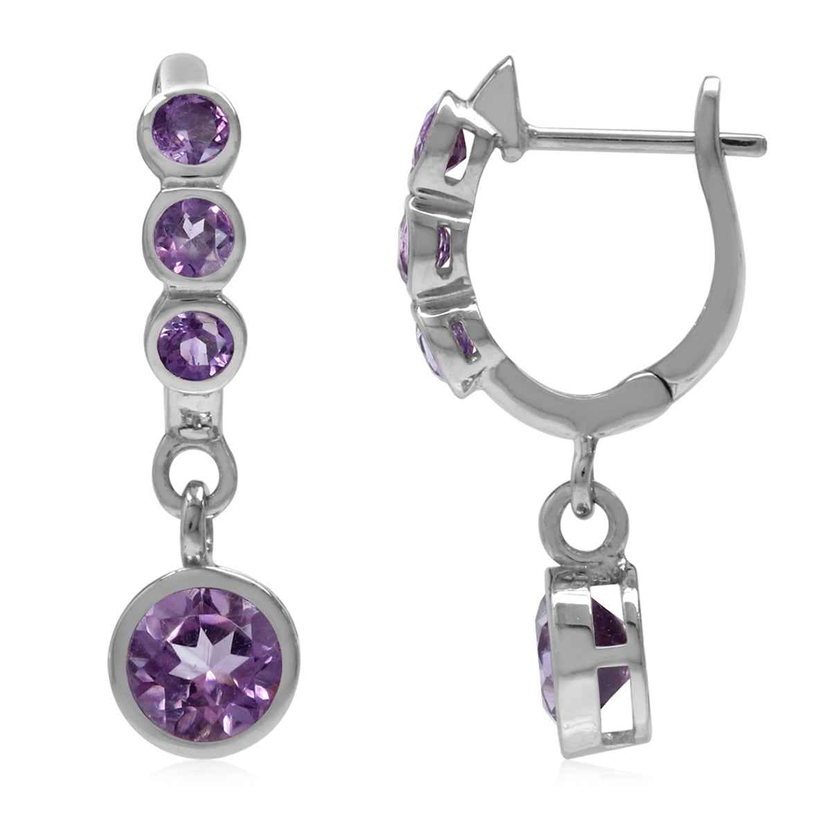 1.92ct. Natural Round Shape Amethyst White Gold Plated 925 Sterling Silver English Hook Earrings