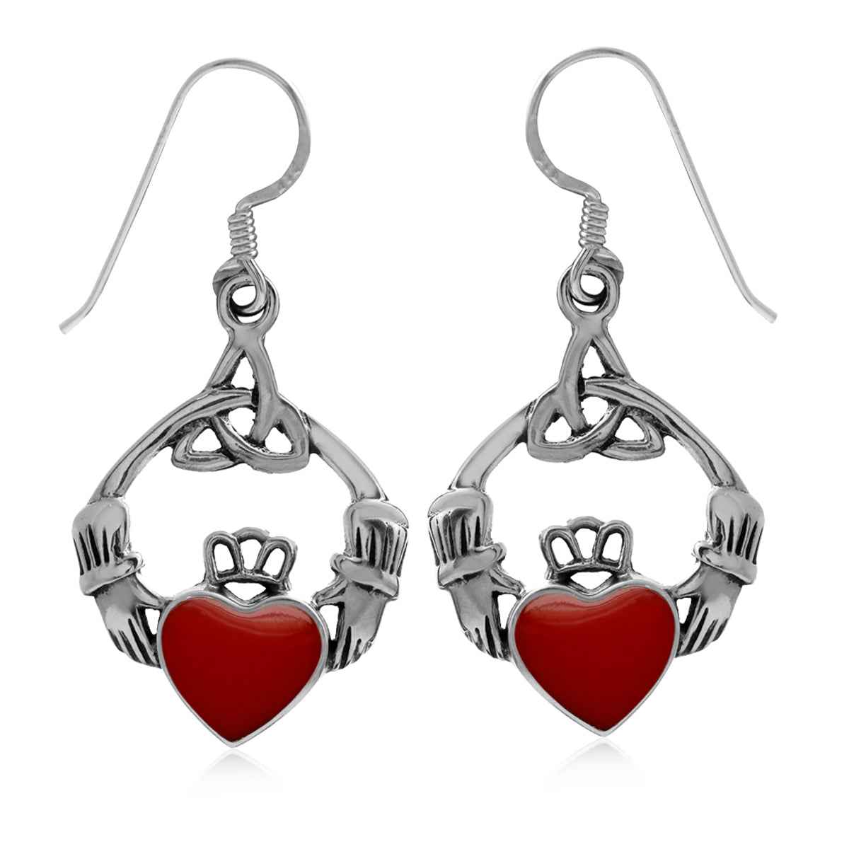 Created Red Coral 925 Sterling Silver Triquetra Celtic Knot Claddagh Dangle Hook Earrings