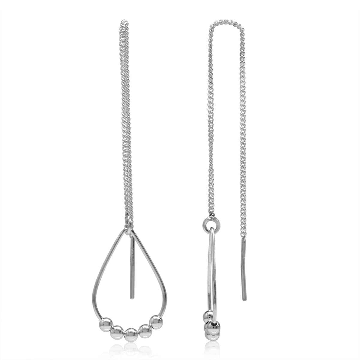 5 Beads Ball White Gold Plated 925 Sterling Silver Drop Shape Hoop Threader Earrings