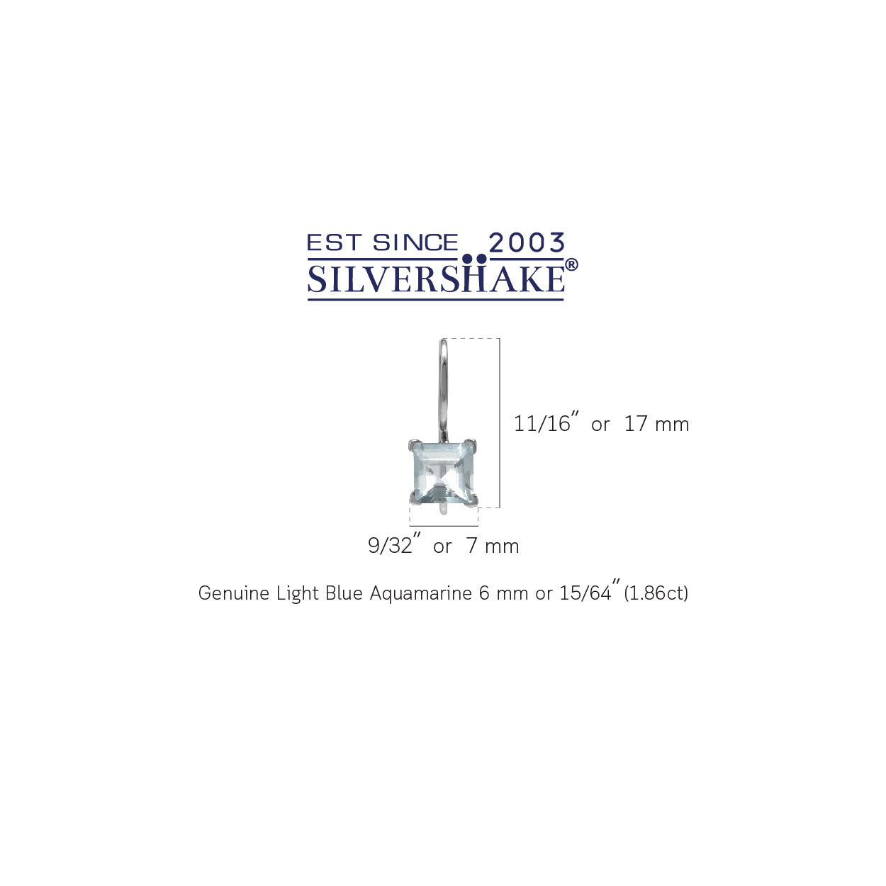 1.86ct. 6MM Genuine Square Shape Blue Aquamarine 925 Sterling Silver Hook Closure Earrings