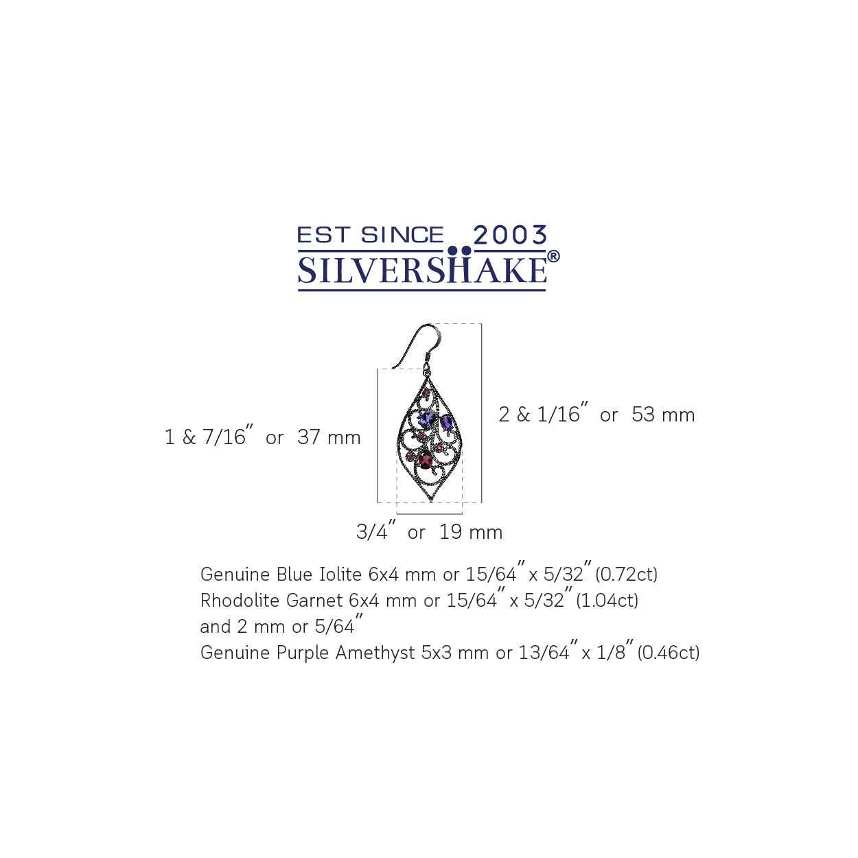 Natural Iolite African Amethyst and Rhodolite Garnet 925 Sterling Silver Drop Dangle Hook Earrings