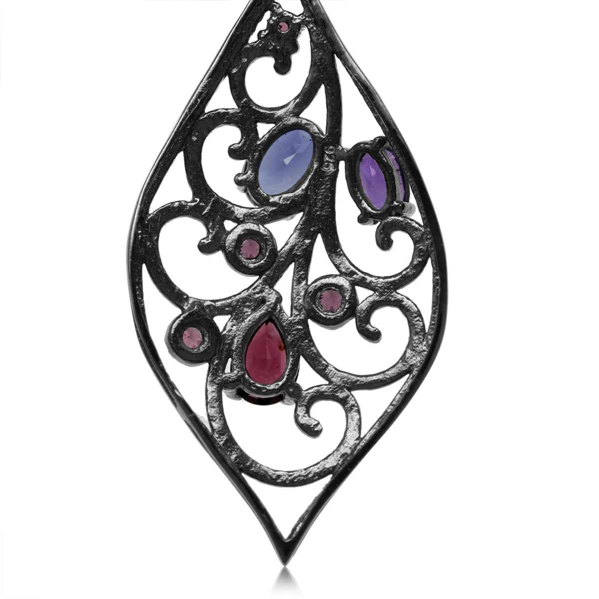 Natural Iolite African Amethyst and Rhodolite Garnet 925 Sterling Silver Drop Dangle Hook Earrings