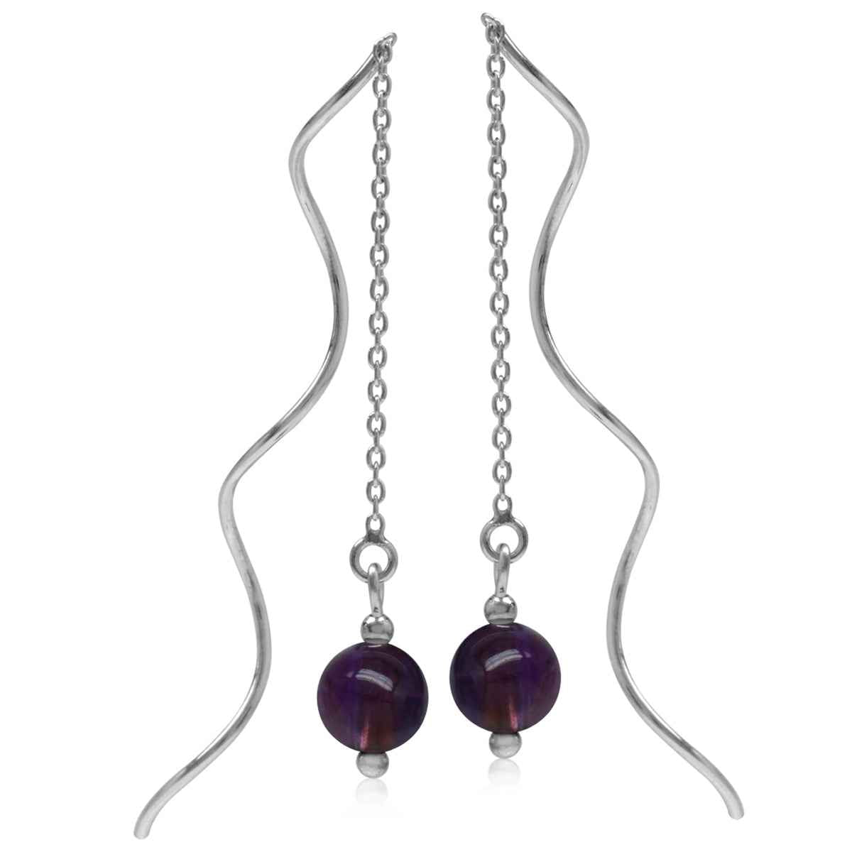 6mm Amethyst Sphere Ball White Gold Plated 925 Sterling Silver Wavy Minimalist Threader Earrings