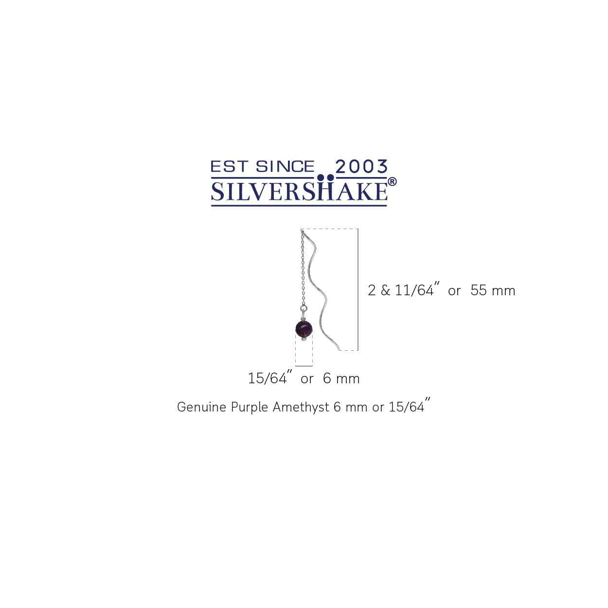 6mm Amethyst Sphere Ball White Gold Plated 925 Sterling Silver Wavy Minimalist Threader Earrings