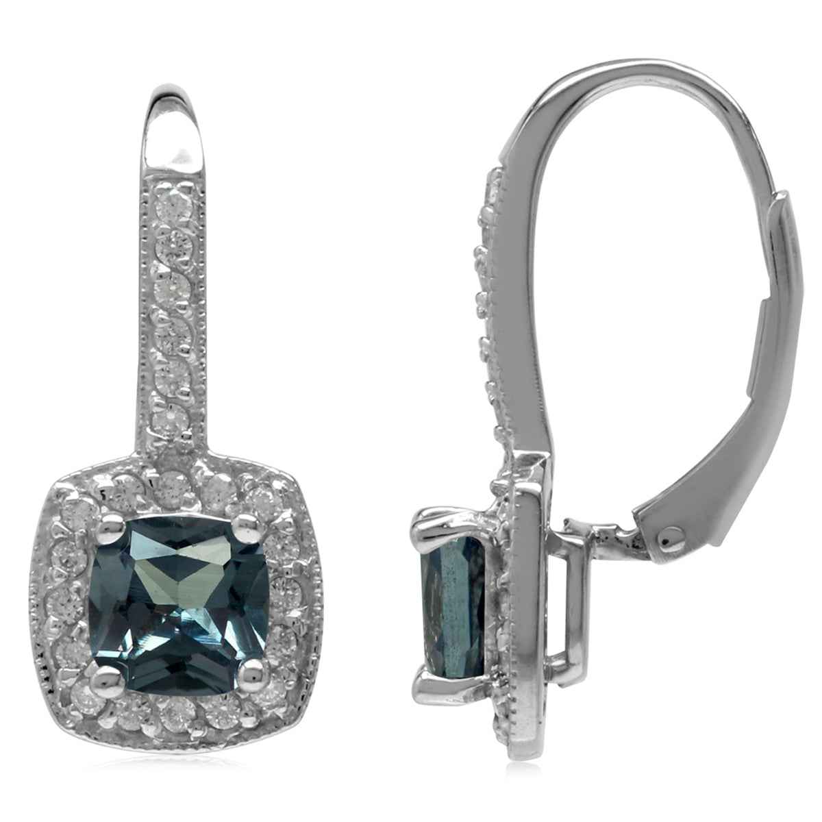 6mm Cushion Shape Simulated Color Change Alexandrite 925 Sterling Silver Halo Leverback Earrings