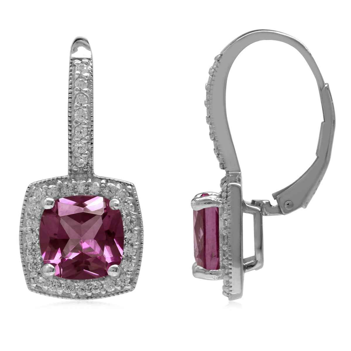 8mm Cushion Shape Simulated Color Change Alexandrite 925 Sterling Silver Halo Leverback Earrings