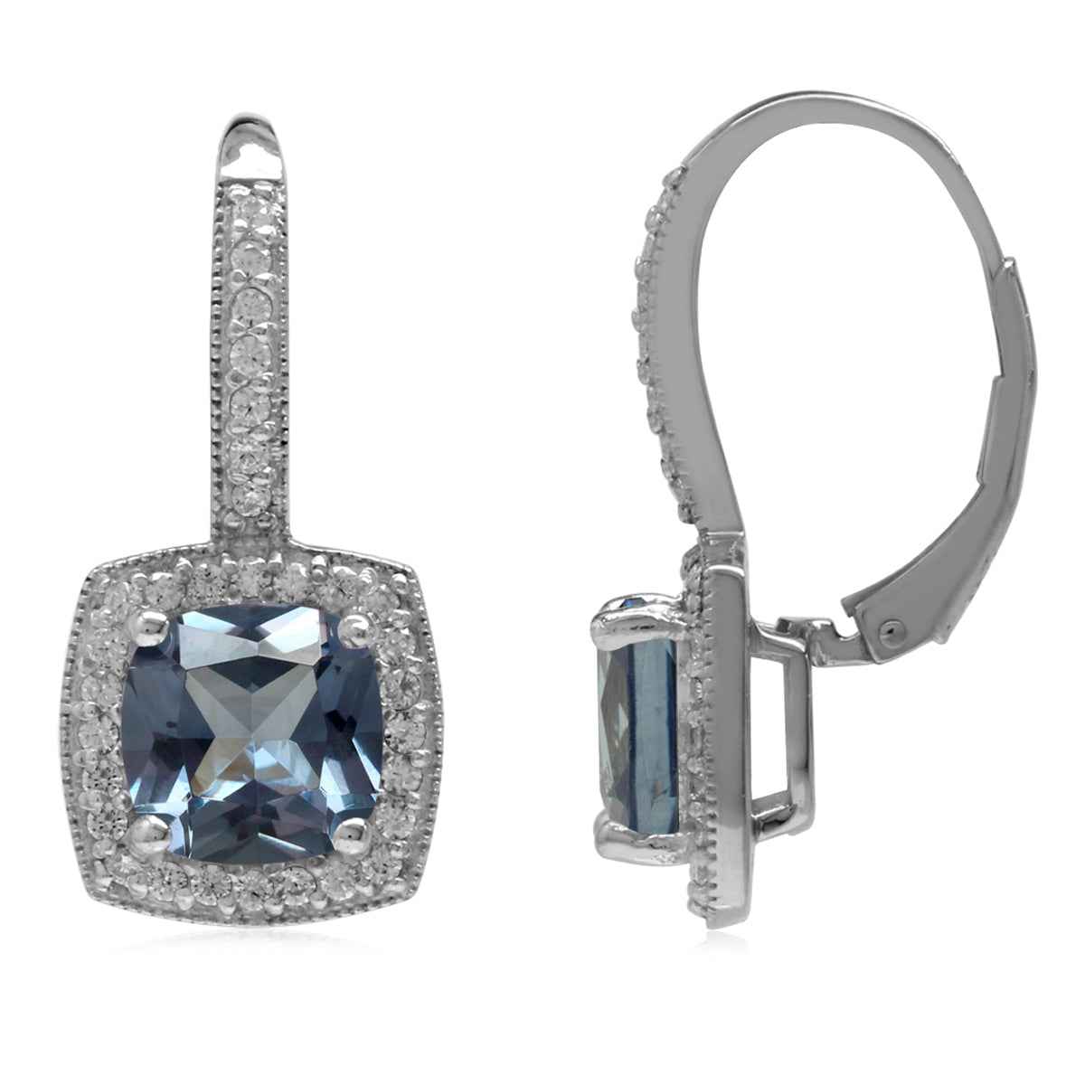 8mm Cushion Shape Simulated Color Change Alexandrite 925 Sterling Silver Halo Leverback Earrings