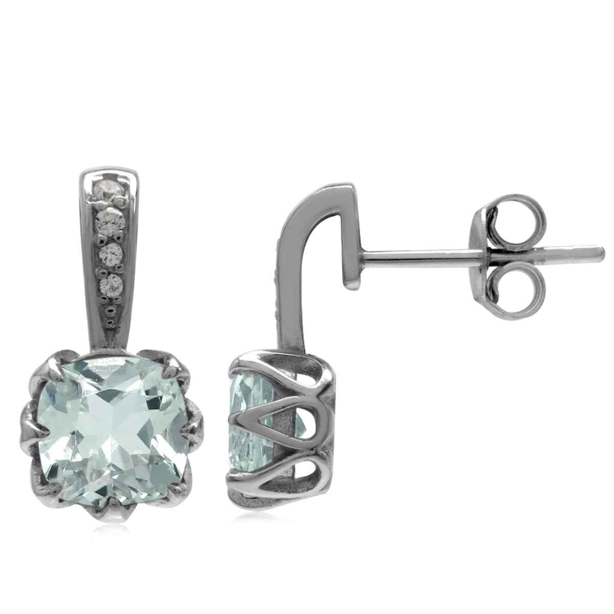 1.6ct. 8Genuine Cushion Shape Blue Aquamarine White Gold Plated 925 Sterling Silver Post Earrings