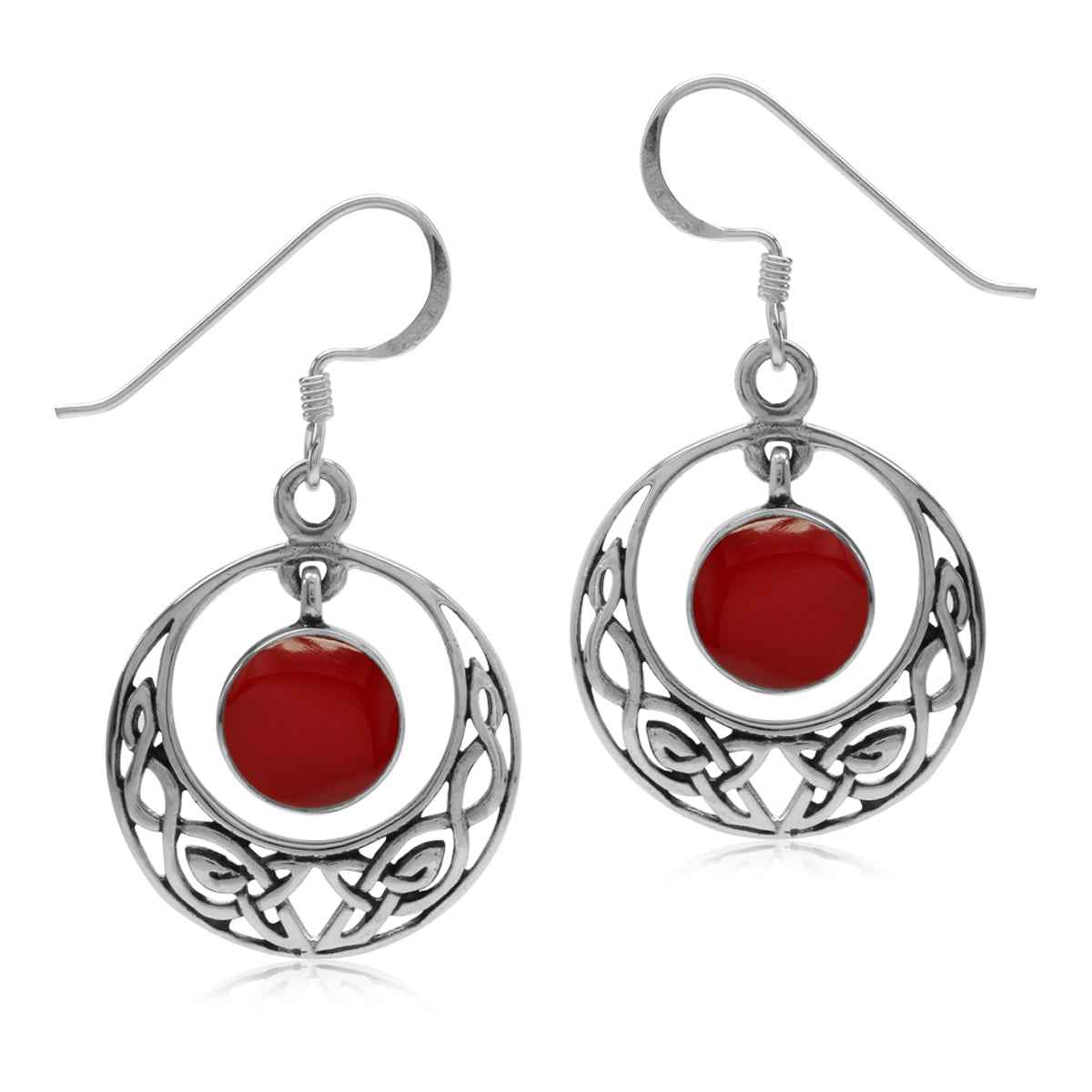Dangle Created Red Coral 925 Sterling Silver Celtic Knot Circle Hook Earrings
