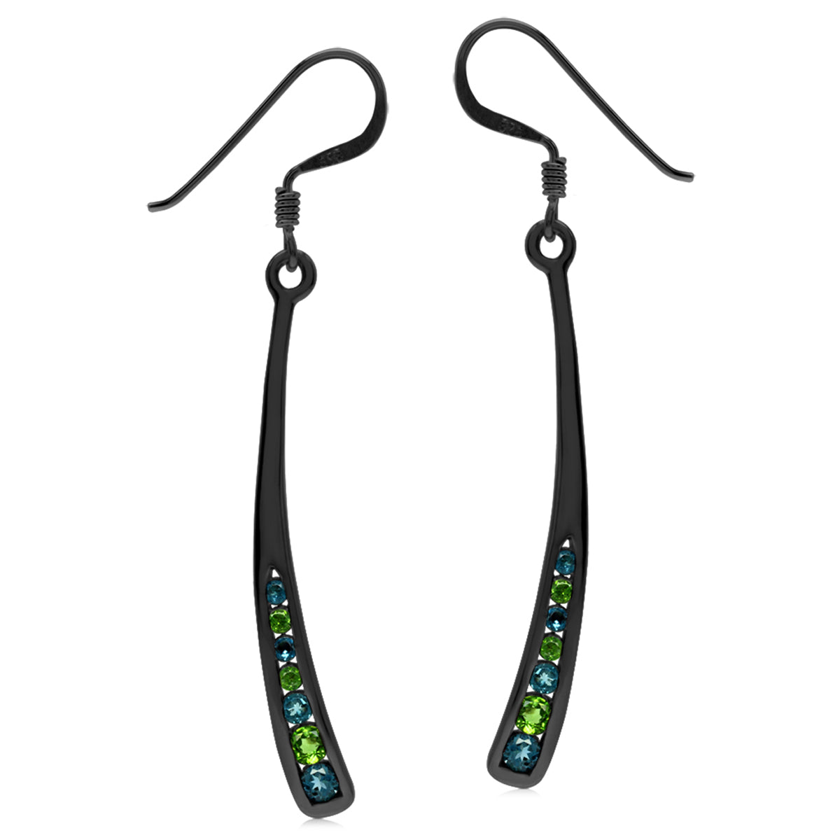 London Blue Topaz and Chrome Diopside Black Rhodium 925 Sterling Silver Dangle Long Stick Earrings