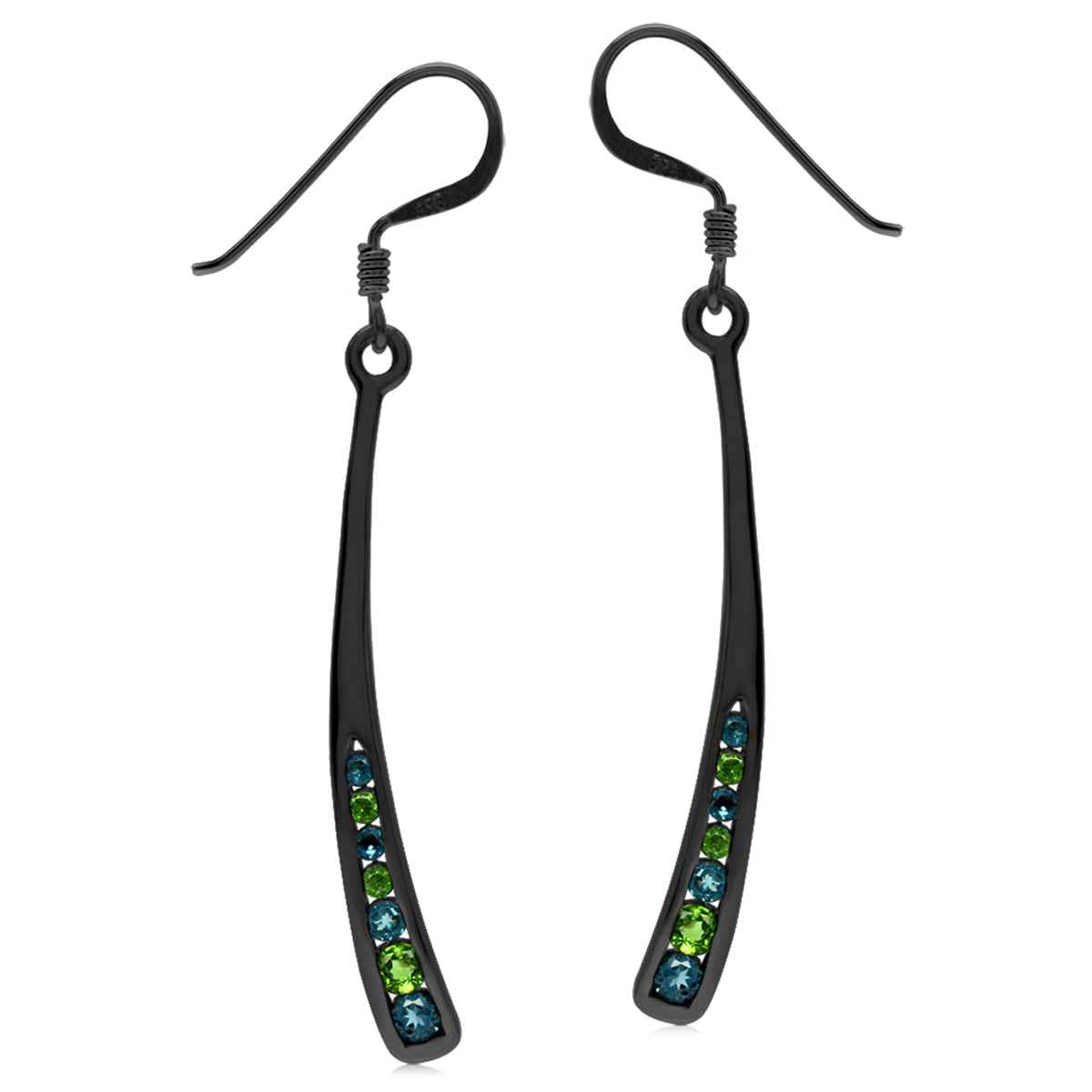 London Blue Topaz and Chrome Diopside Black Rhodium 925 Sterling Silver Dangle Long Stick Earrings
