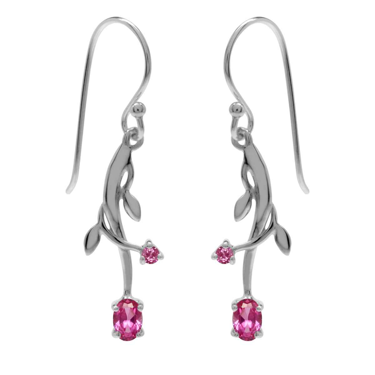 Created Pink Tourmaline Vine Leaf 925 Sterling Silver Dangle Hook Earrings