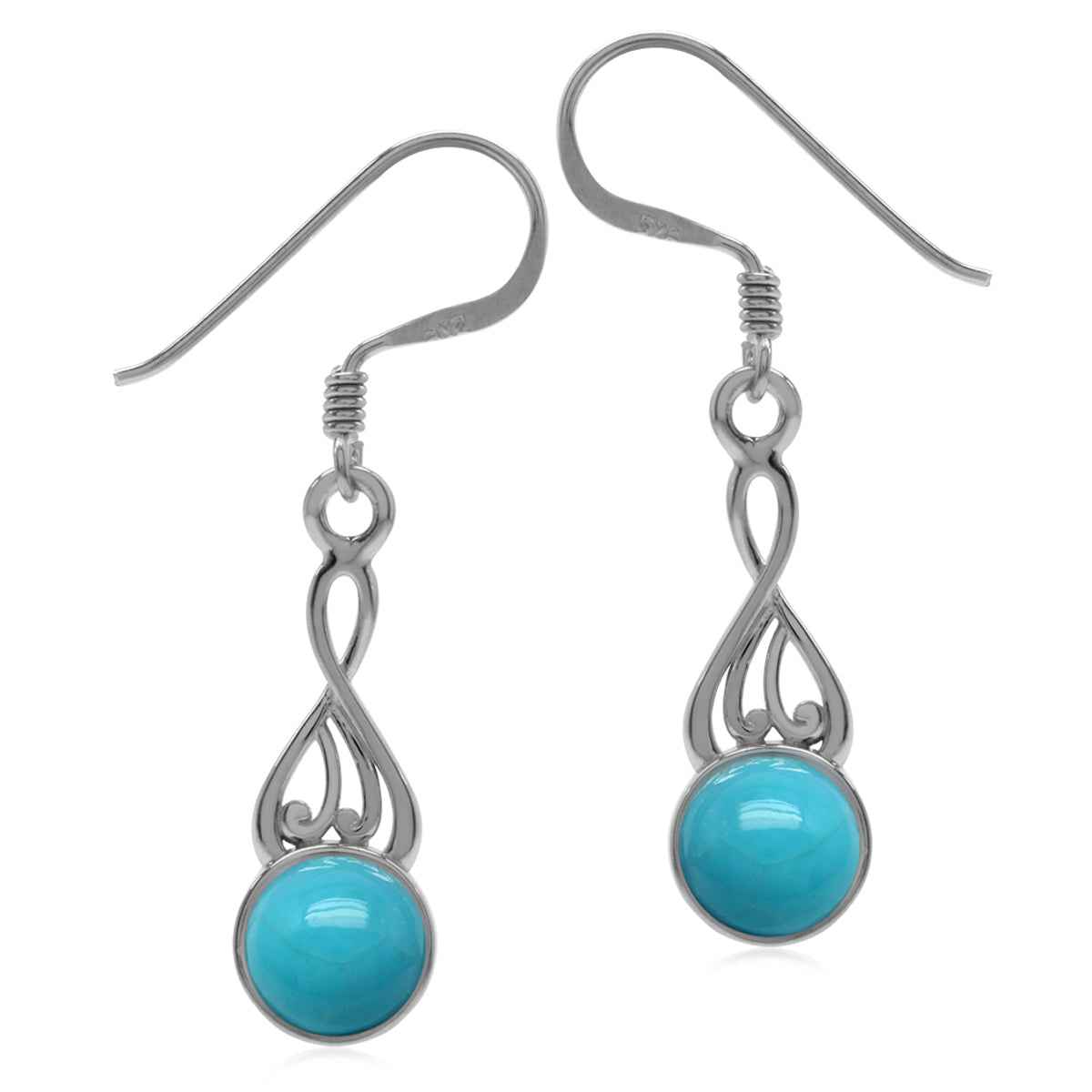 Arizona American Turquoise White Gold Plated 925 Sterling Silver Victorian Swirl Style Dangle Hook Earrings