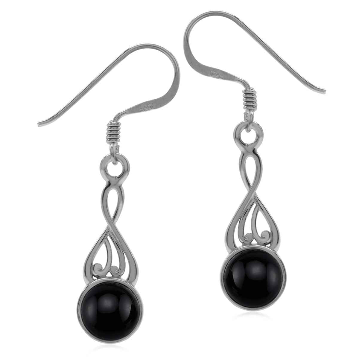 Natural Black Onyx White Gold Plated 925 Sterling Silver Victorian Swirl Style Dangle Hook Earrings