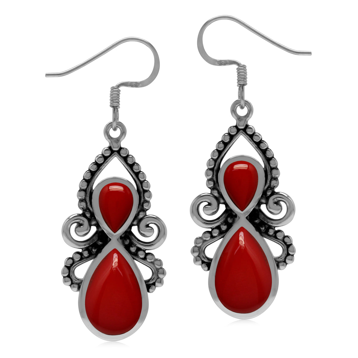 Created Red Coral 925 Sterling Silver Victorian Inspired Dangle Hook Earrings silvershake