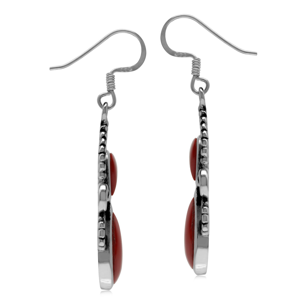 Created Red Coral 925 Sterling Silver Victorian Inspired Dangle Hook Earrings silvershake