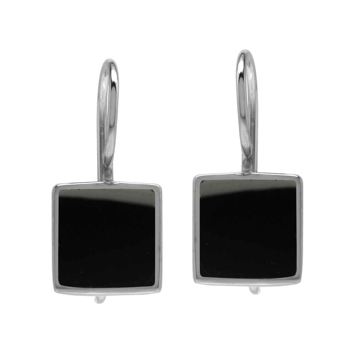 9MM Natural Square Shape Black Onyx Stone Inlay White Gold Plated 925 Sterling Silver Basic Hook Closure Earrings