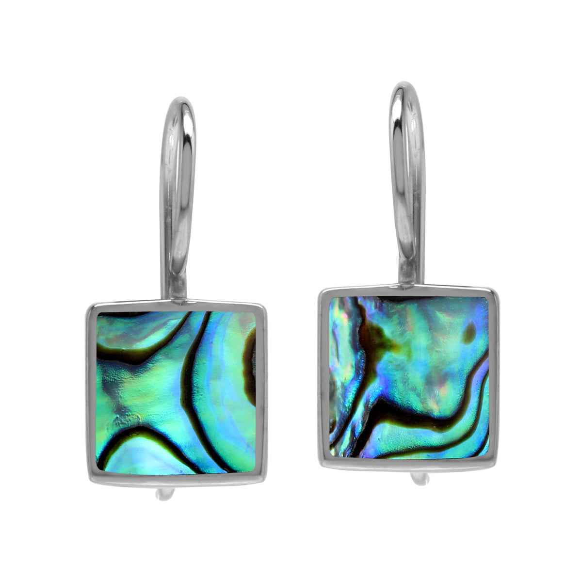 Natural 9 mm Square Abalone/Puau Shell Inlay 925 Sterling Silver Basic Hook Lock Earrings