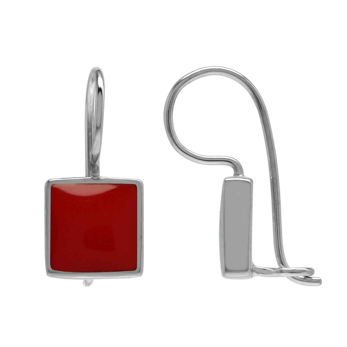 Created 9 mm Square Red Coral Stone Inlay 925 Sterling Silver Basic Hook Lock Earrings