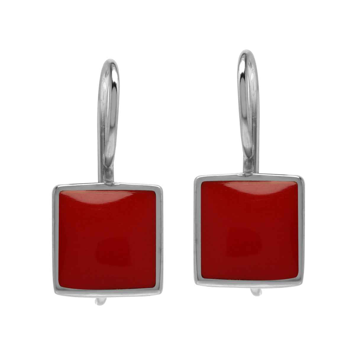 Created 9 mm Square Red Coral Stone Inlay 925 Sterling Silver Basic Hook Lock Earrings